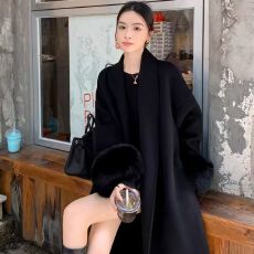 批发2026秋冬新款黑色气质时尚双面毛呢大衣女韩系赫本风浴袍高级外套