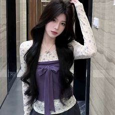 批发韩系甜美碎花正肩长袖t恤<b class='q'>女</b>早秋紫色抹胸<b class='q'>背心</b>修身显瘦上衣两件套