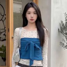 批发韩系甜美<b class='q'>碎花</b>正肩长袖t恤女早春蓝色抹胸背心修身显瘦<b class='q'>上衣</b>两件套