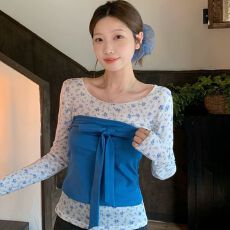 批发蓝色小<b class='q'>碎花</b>甜美风微透修身长袖T恤女秋季绑带抹胸背心<b class='q'>上衣</b>两件套