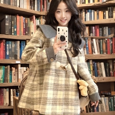 批发格纹牛角扣双面毛呢外套女<b class='q'>秋</b>冬新款小个子高级慵懒斗篷呢子大衣潮