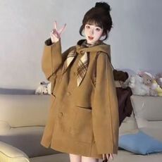 批发韩版连帽格子毛呢<b class='q'>大</b>衣秋冬季<b class='q'>女</b>装小个子宽松显瘦中长款呢子外套潮