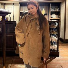 批发韩系复古高级感连帽斗篷双面两穿呢子<b class='q'>大</b>衣中长款毛呢外套早秋冬季