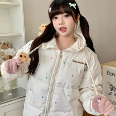 批发可拆卸小熊<b class='q'>可爱</b>波点面包服外套女冬季加厚保暖超好看羽绒棉衣棉服