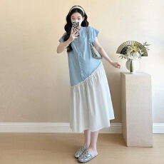 批发设计感撞色拼接衬衫连衣裙女夏季新款韩版宽松显瘦不规则拼接长裙