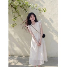 批发高级感新中式重工提花刺绣连衣裙女夏季白色温柔风小飞袖减龄长裙