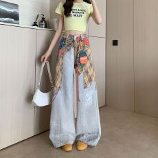 批发美式复古屁帘印花牛仔裤女夏季新款时髦高腰宽松阔腿裤