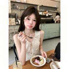 批发品质+内里V领背心女夏季串珠捏褶无袖收腰短款小<b class='q'>上衣</b>