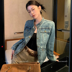 批发美式重工水洗做旧蓝色<b class='q'>牛仔</b><b class='q'>外套女</b>秋季小个子高级感轻薄夹克上衣潮