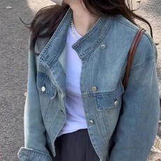 批发复古立领蓝色<b class='q'>牛仔</b><b class='q'>外套女</b>春秋装小个子宽松休闲夹克开衫短款棒球服
