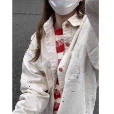批发美式复古米白色<b class='q'>牛仔</b><b class='q'>外套女</b>春秋季韩版学生慵懒风百搭泼墨衬衫夹克
