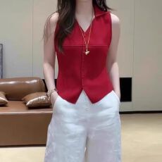 批发韩版多巴胺穿搭Polo领无袖针织衫女夏季大码<b class='q'>胖</b>mm<b class='q'>显瘦</b>绝美背心上衣