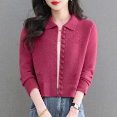 批发小个子毛衣外套女高档短款秋冬季翻领刺绣百搭上衣针织开衫外搭潮