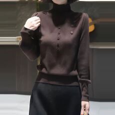 批发韩版复古高领咖色长袖针织衫女秋季新款时尚百搭显瘦打底毛衣上衣
