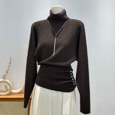 批发十三行高领侧边抽褶设计感针织衫女秋<b class='q'>冬</b>内搭收腰显瘦气质上衣