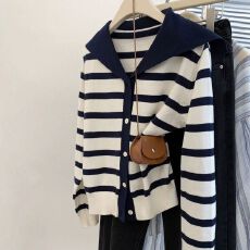 批发薄荷曼波宽松显瘦海军领条纹针织开衫外套女秋<b class='q'>冬</b>洋气减龄针织上衣