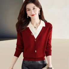 批发假两件上衣长袖妈妈秋装2026年新款polo领针织衫女翻领毛衣打底衫