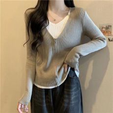 批发【专柜正品】假两件<b class='q'>针织</b>衫女拉链宽松显瘦春秋新款内搭上衣<b class='q'>打底衫</b>