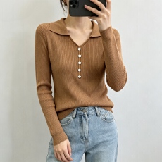 翻领针织衫女内搭打底衫初秋新款欧货修身显瘦洋气长袖上衣潮