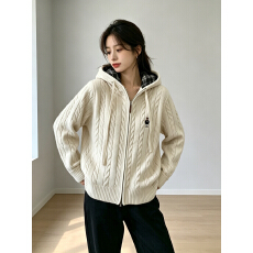 批发慵懒风连帽拉链麻花针织开衫<b class='q'>毛衣</b>女2026秋冬新款宽松百搭外套上衣