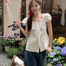 批发韩版复古甜美系带白色短袖<b class='q'>衬衫</b>女夏季小个子纯棉<b class='q'>衬衣</b>泡泡袖上衣