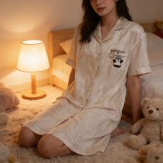 批发新款女士冰雪丝短袖睡裙简约卡通印花中长款家居裙夏季可外穿薄款