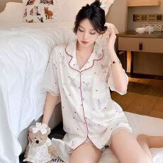 批发<b class='q'>蕾丝</b>小熊冰雪丝睡衣夏季女款短袖短裤薄款开衫家居服可外穿两件套