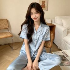 批发夏季<b class='q'>睡衣</b>女冰雪丝字母短袖长裤薄款可外穿家居服夏天休闲两件套装
