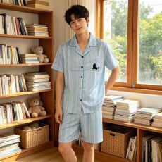 批发睡衣<b class='q'>男</b>夏季冰雪丝短袖短裤卡通条纹薄款可外穿家居服宽松夏天套装