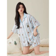 批发夏季女款冰雪丝短袖短裤两件套条纹小狗翻领开衫家居服可外穿薄款