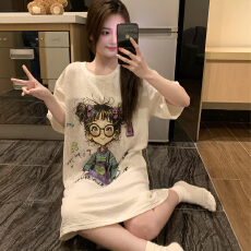 批发夏季新款女士云朵棉短袖睡裙卡通印花圆领套头家居裙可外穿薄款