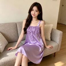 批发夏季女款冰丝吊带睡裙休闲居家简约纯色性感薄款蕾丝花边家居裙