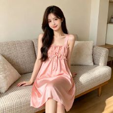 批发夏季女款冰丝吊带睡裙休闲居家简约纯色性感薄款蕾丝花边家居裙