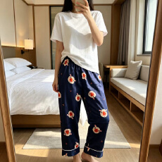 批发女士冰丝睡裤卡通印花中腰直筒宽松大码家居裤可外穿夏季薄款长裤