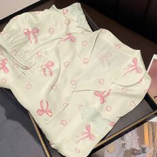 批发睡衣女士春秋冰雪丝长袖长裤蝴蝶结印花翻领开衫家居服可外穿套装