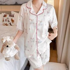 批发夏季女款冰雪丝双短两件套蕾丝小熊翻领开衫凉感家居<b class='q'>服</b>可外穿薄款