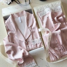 批发新款睡衣女春秋新款凉感冰丝蕾丝长袖长裤丝绸波点家居服套装外穿