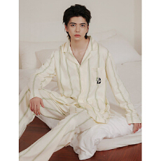 批发男款<b class='q'>条纹</b>熊猫纯棉拉架睡衣春秋长袖长裤卡通印花<b class='q'>开衫</b>家居服两件套