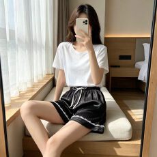 批发夏季新款睡裤女士仿真丝弹力缎条纹睡裤简约中腰薄款家居裤可外穿