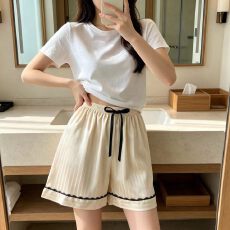 批发夏季新款睡裤女士仿真丝弹力缎条纹睡裤简约中腰薄款家居裤可外穿