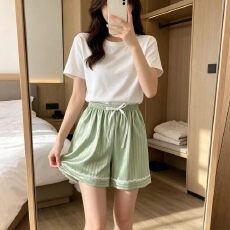 批发夏季新款睡裤女士仿真丝弹力缎条纹睡裤简约中腰薄款家居裤可外穿