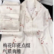 批发睡衣女冰雪丝春秋季轻奢<b class='q'>印花</b>梅花长袖长裤薄款家居服外穿两件套