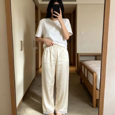 批发夏季睡裤女冰雪丝薄款蕾丝花边居家长裤可外穿遛弯休闲夏天家居裤