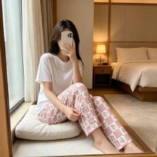 批发夏季皱布女士睡裤休闲居家中腰直筒家居裤春秋外穿碎花印花遛弯裤
