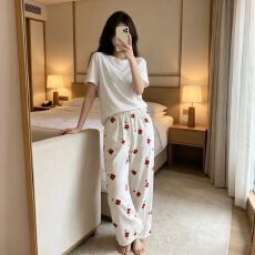 批发夏季皱布女士睡裤休闲居家中腰直筒家居裤春秋外穿碎花印花遛弯裤