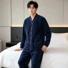 批发秋冬季<b class='q'>男</b>士法兰绒睡衣长袖长裤简约剪花保暖家居服休闲外穿两件套