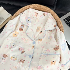 诺卡娇云朵棉三件套睡衣女翻领短袖短裤长裤卡通家居服套装