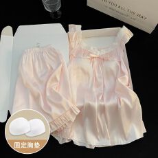 批发【诺卡娇】夏季睡衣女冰丝带胸垫<b class='q'>短</b>袖<b class='q'>短</b>裤薄款花边家居服套装外穿