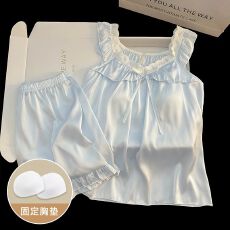 批发【诺卡娇】夏季睡衣女冰丝带胸垫<b class='q'>短</b>袖<b class='q'>短</b>裤薄款花边家居服套装外穿
