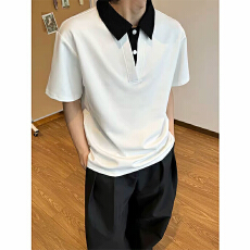 批发美式短袖polo衫男款高级感拼色夏t恤潮牌假两件宽松上衣
